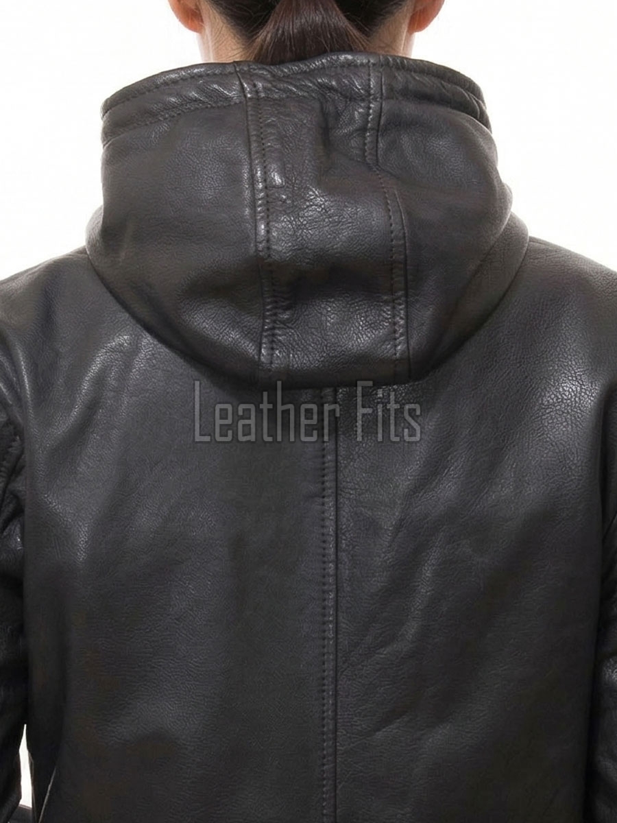 Pristine Obsidian Black Leather Hooded Long Coat - Women's Classic Zip Up Drawstring Waist Slim Fit Mid Length Premium Winter Overcoat