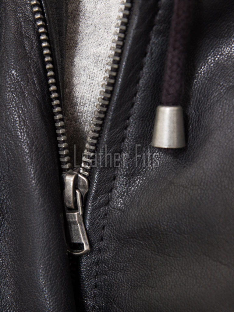 Pristine Obsidian Black Leather Hooded Long Coat - Women's Classic Zip Up Drawstring Waist Slim Fit Mid Length Premium Winter Overcoat
