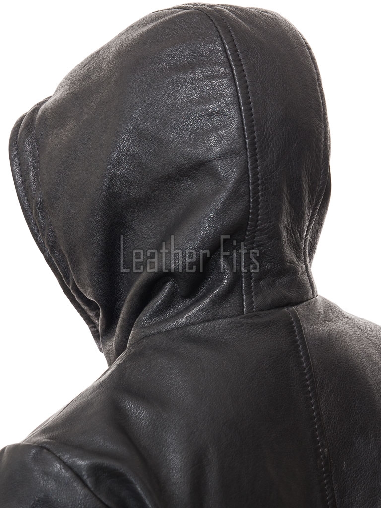 Pristine Obsidian Black Leather Hooded Long Coat - Women's Classic Zip Up Drawstring Waist Slim Fit Mid Length Premium Winter Overcoat