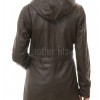 Sovereign Espresso Brown Leather Hooded Long Coat - Women's Classic Zip Up Drawstring Waist Slim Fit Mid Length Premium Winter Overcoat