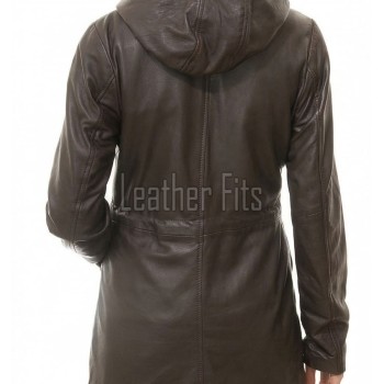 Sovereign Espresso Brown Leather Hooded Long Coat - Women's Classic Zip Up Drawstring Waist Slim Fit Mid Length Premium Winter Overcoat
