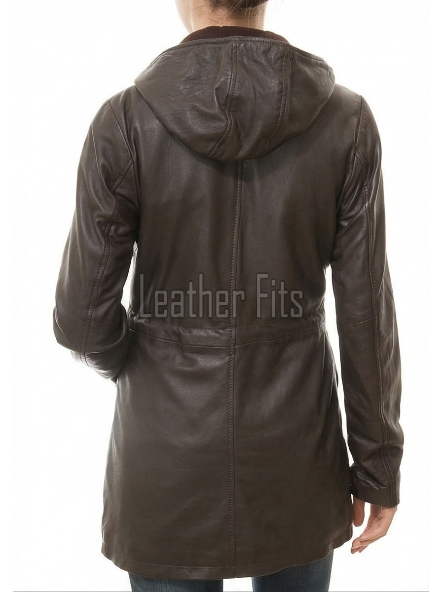 Sovereign Espresso Brown Leather Hooded Long Coat - Women's Classic Zip Up Drawstring Waist Slim Fit Mid Length Premium Winter Overcoat