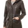 Sovereign Espresso Brown Leather Hooded Long Coat - Women's Classic Zip Up Drawstring Waist Slim Fit Mid Length Premium Winter Overcoat