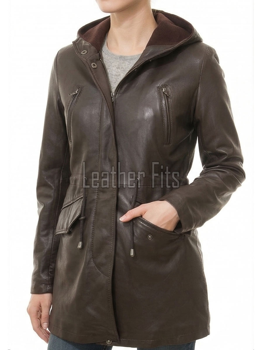 Sovereign Espresso Brown Leather Hooded Long Coat - Women's Classic Zip Up Drawstring Waist Slim Fit Mid Length Premium Winter Overcoat