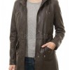 Sovereign Espresso Brown Leather Hooded Long Coat - Women's Classic Zip Up Drawstring Waist Slim Fit Mid Length Premium Winter Overcoat