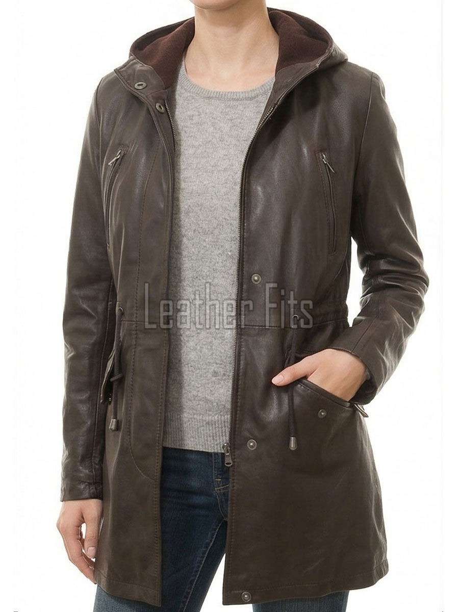 Sovereign Espresso Brown Leather Hooded Long Coat - Women's Classic Zip Up Drawstring Waist Slim Fit Mid Length Premium Winter Overcoat
