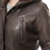 Sovereign Espresso Brown Leather Hooded Long Coat - Women's Classic Zip Up Drawstring Waist Slim Fit Mid Length Premium Winter Overcoat