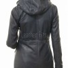 Navy Blue Leather Hooded Long Coat - Women's Classic Zip Up Drawstring Waist Slim Fit Mid Length Premium Winter Overcoat