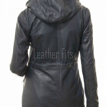 Navy Blue Leather Hooded Long Coat - Women's Classic Zip Up Drawstring Waist Slim Fit Mid Length Premium Winter Overcoat