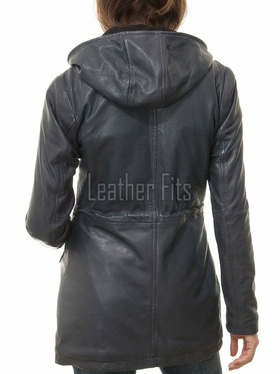 Navy Blue Leather Hooded Long Coat - Women's Classic Zip Up Drawstring Waist Slim Fit Mid Length Premium Winter Overcoat