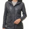 Navy Blue Leather Hooded Long Coat - Women's Classic Zip Up Drawstring Waist Slim Fit Mid Length Premium Winter Overcoat