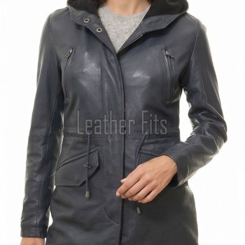 Navy Blue Leather Hooded Long Coat - Women's Classic Zip Up Drawstring Waist Slim Fit Mid Length Premium Winter Overcoat