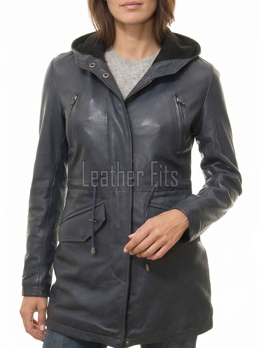 Navy Blue Leather Hooded Long Coat - Women's Classic Zip Up Drawstring Waist Slim Fit Mid Length Premium Winter Overcoat