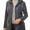 Navy Blue Leather Hooded Long Coat - Women's Classic Zip Up Drawstring Waist Slim Fit Mid Length Premium Winter Overcoat