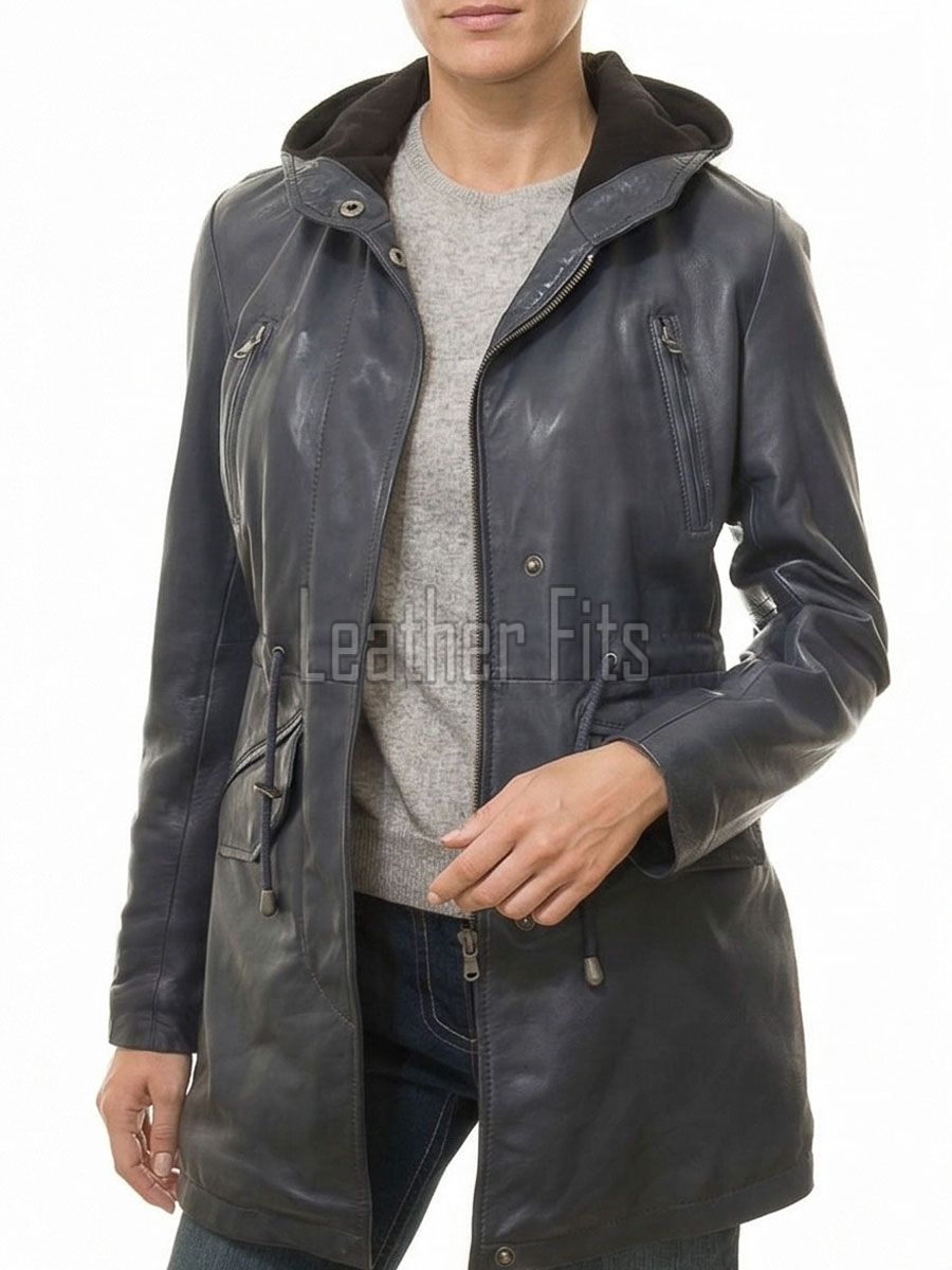 Navy Blue Leather Hooded Long Coat - Women's Classic Zip Up Drawstring Waist Slim Fit Mid Length Premium Winter Overcoat