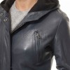 Navy Blue Leather Hooded Long Coat - Women's Classic Zip Up Drawstring Waist Slim Fit Mid Length Premium Winter Overcoat