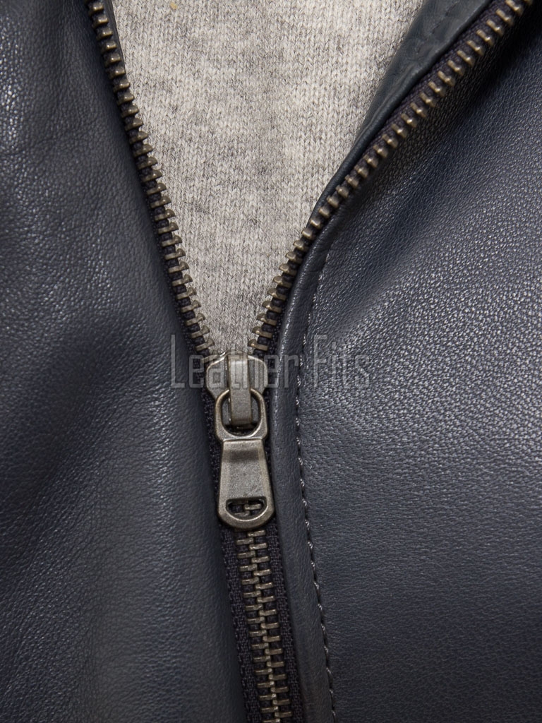 Navy Blue Leather Hooded Long Coat - Women's Classic Zip Up Drawstring Waist Slim Fit Mid Length Premium Winter Overcoat