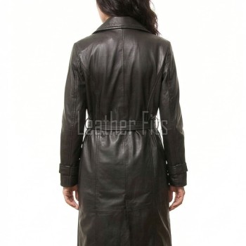 Charcoal Black Leather Trench Long Coat - Women's Classic Single Breasted Belted Silhouette Mid Length Premium Warm Winter Overcoats!