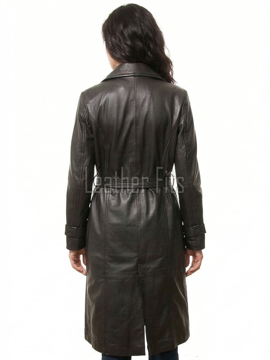 Charcoal Black Leather Trench Long Coat - Women's Classic Single Breasted Belted Silhouette Mid Length Premium Warm Winter Overcoats!