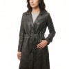 Charcoal Black Leather Trench Long Coat - Women's Classic Single Breasted Belted Silhouette Mid Length Premium Warm Winter Overcoats!