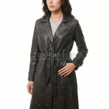 Charcoal Black Leather Trench Long Coat - Women's Classic Single Breasted Belted Silhouette Mid Length Premium Warm Winter Overcoats!