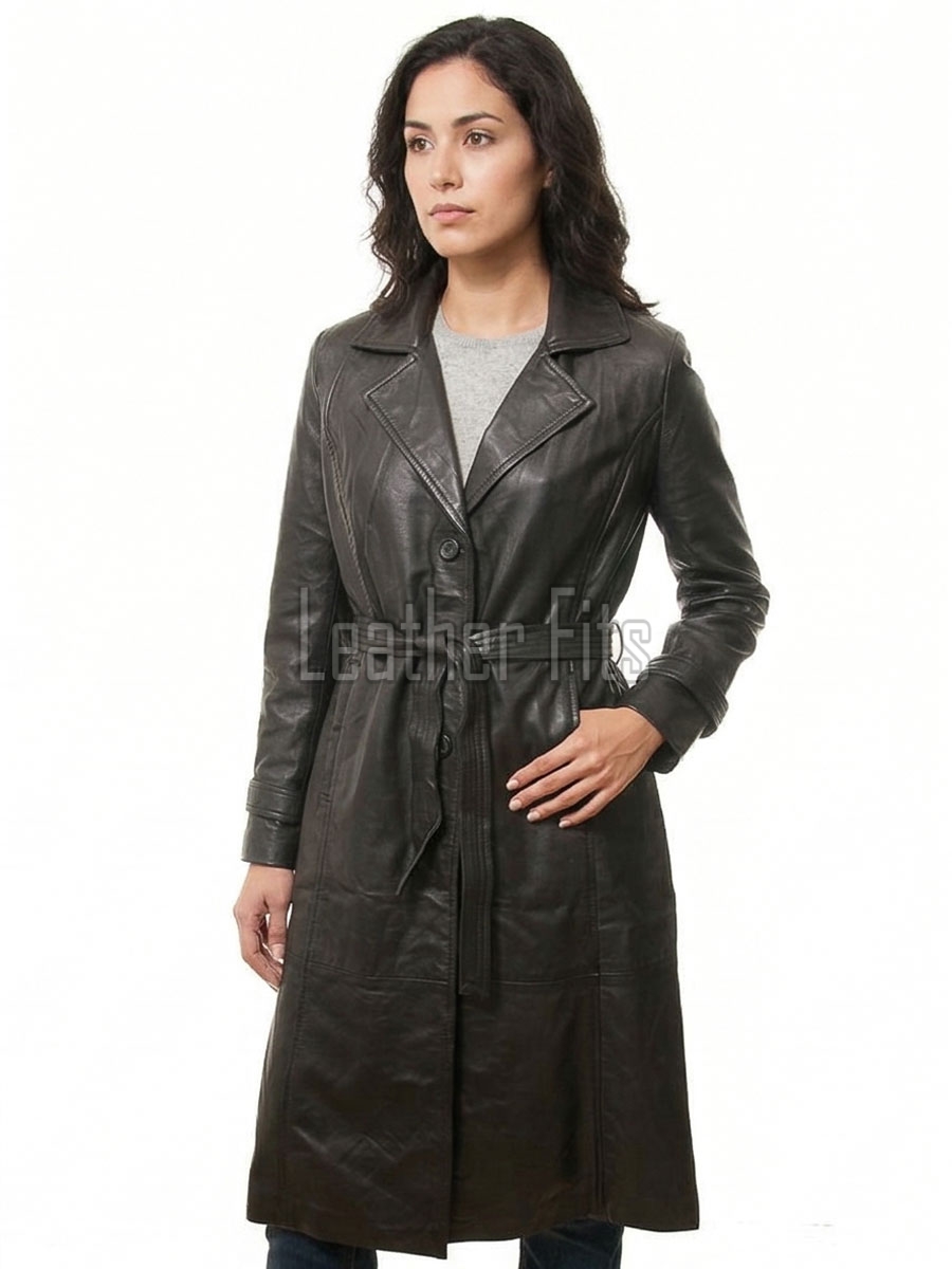 Charcoal Black Leather Trench Long Coat - Women's Classic Single Breasted Belted Silhouette Mid Length Premium Warm Winter Overcoats!