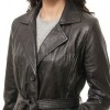 Charcoal Black Leather Trench Long Coat - Women's Classic Single Breasted Belted Silhouette Mid Length Premium Warm Winter Overcoats!