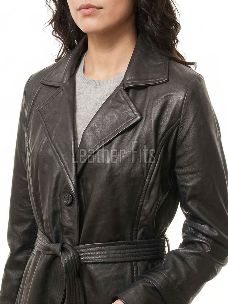 Charcoal Black Leather Trench Long Coat - Women's Classic Single Breasted Belted Silhouette Mid Length Premium Warm Winter Overcoats!