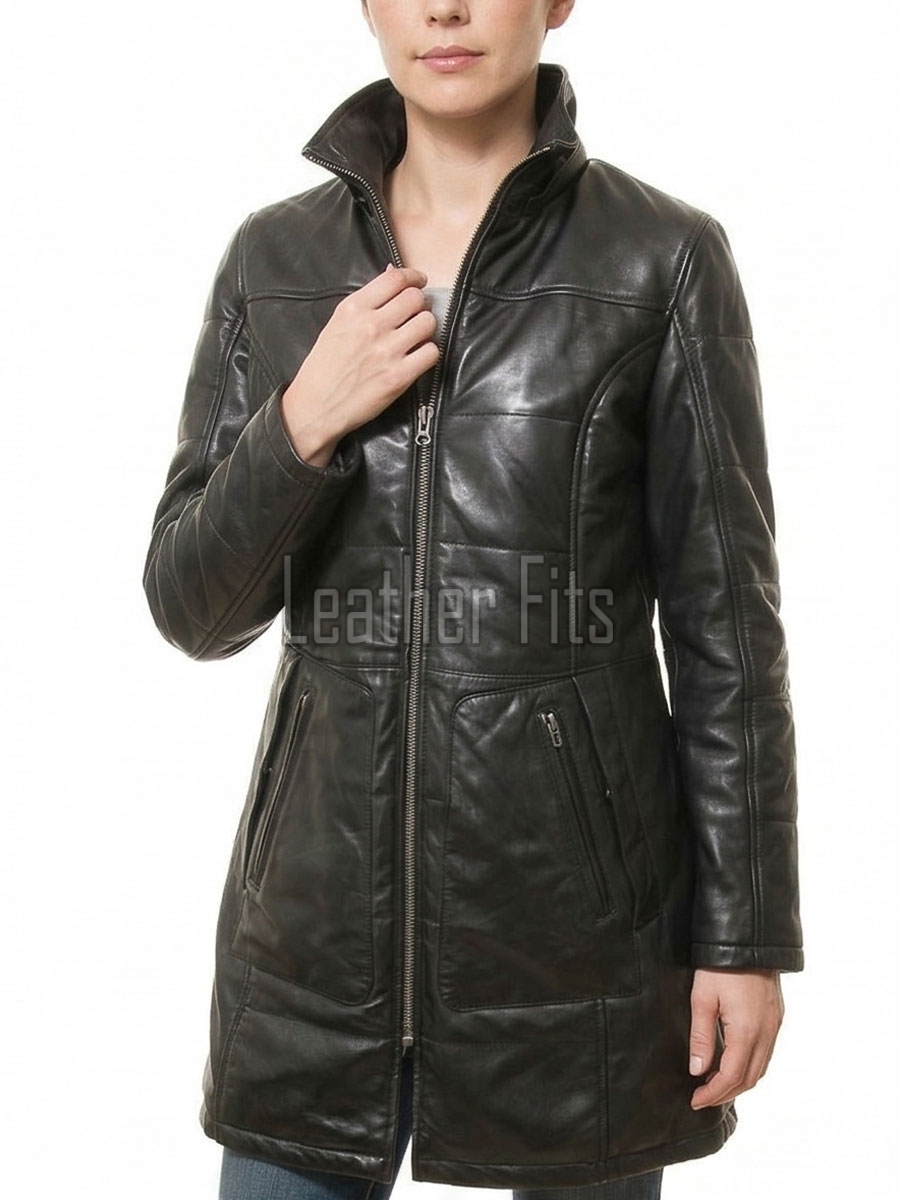Aura Luxury Women Genuine Dark Brown Leather Trench Long Coat with Matching Waist Sash Belt, Classic Notched Lapels, Superb Sleek Fit Overcoat