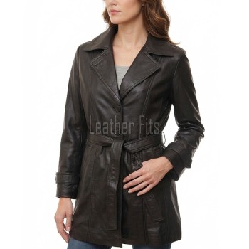 Jet Black Leather Hooded Long Coat - Women's Classic Zip Up Quilted Panel Slim Fit Mid Length Premium Warm Winter Overcoat