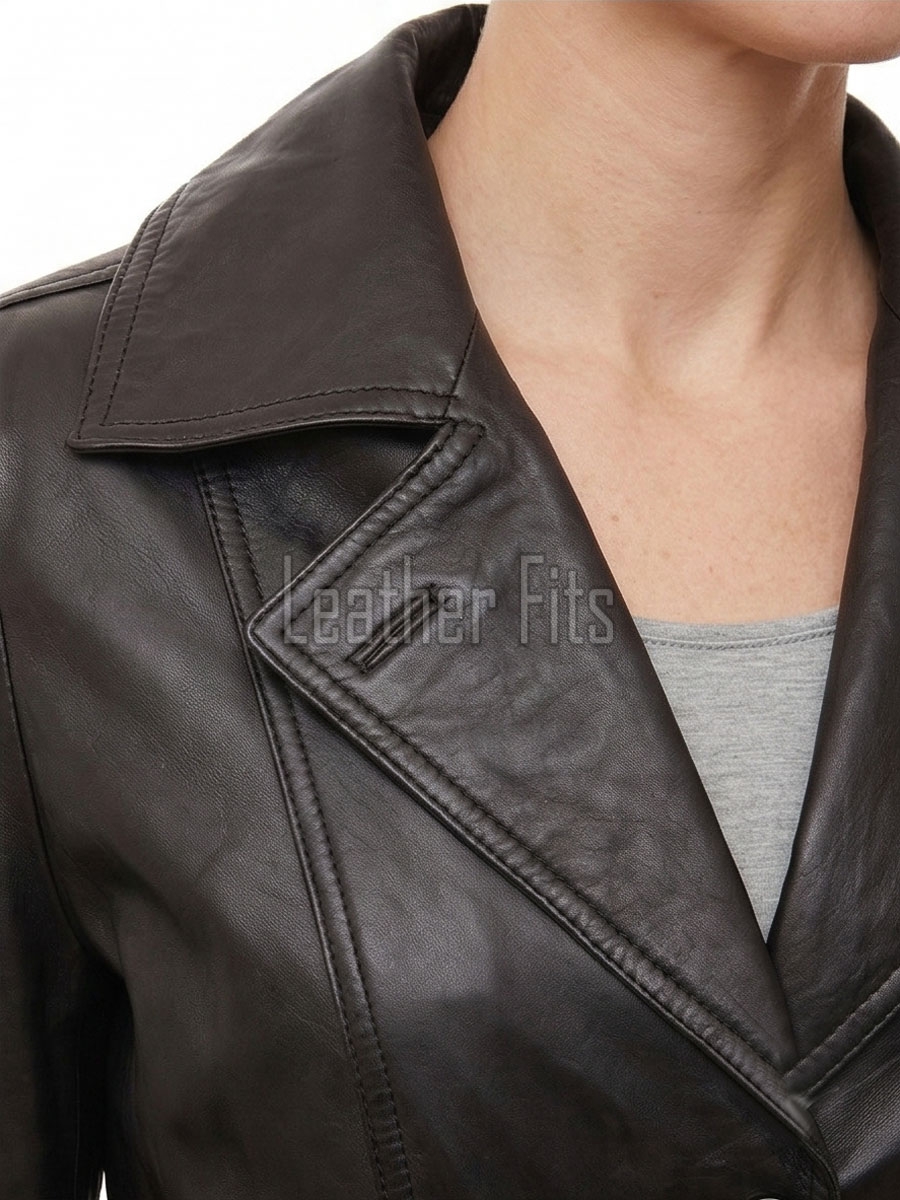 Jet Black Leather Hooded Long Coat - Women's Classic Zip Up Quilted Panel Slim Fit Mid Length Premium Warm Winter Overcoat