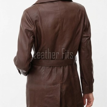 Vibe Chic Women Genuine Tan Brown Leather Trench Long Coat with Matching Waist Tie Belt, Modern Pointed Lapels, Sleek Fit Midline Overcoat