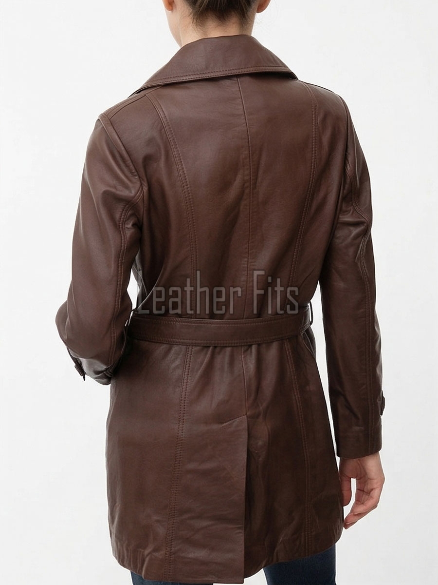 Vibe Chic Women Genuine Tan Brown Leather Trench Long Coat with Matching Waist Tie Belt, Modern Pointed Lapels, Sleek Fit Midline Overcoat