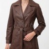 Vibe Chic Women Genuine Tan Brown Leather Trench Long Coat with Matching Waist Tie Belt, Modern Pointed Lapels, Sleek Fit Midline Overcoat