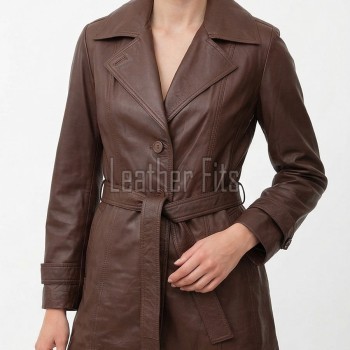 Vibe Chic Women Genuine Tan Brown Leather Trench Long Coat with Matching Waist Tie Belt, Modern Pointed Lapels, Sleek Fit Midline Overcoat