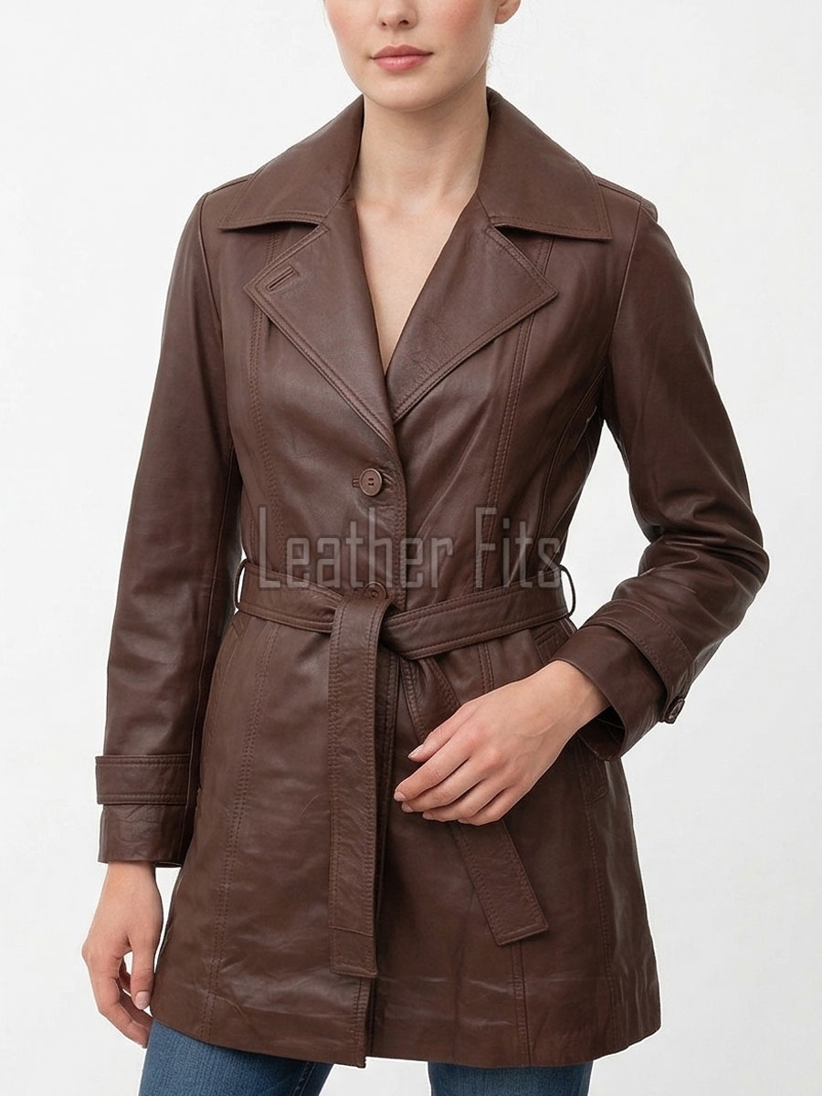 Vibe Chic Women Genuine Tan Brown Leather Trench Long Coat with Matching Waist Tie Belt, Modern Pointed Lapels, Sleek Fit Midline Overcoat