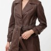 Vibe Chic Women Genuine Tan Brown Leather Trench Long Coat with Matching Waist Tie Belt, Modern Pointed Lapels, Sleek Fit Midline Overcoat