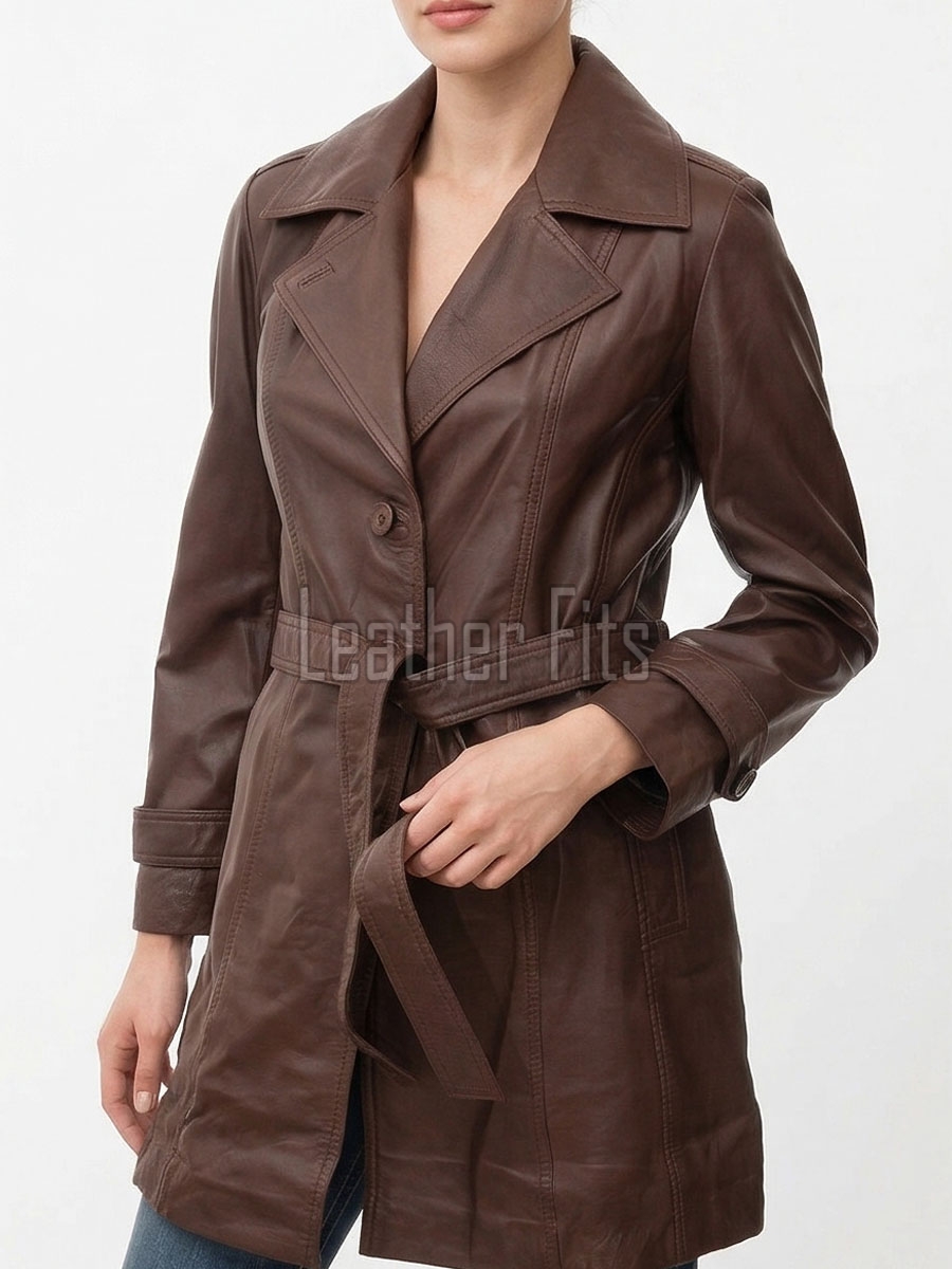 Vibe Chic Women Genuine Tan Brown Leather Trench Long Coat with Matching Waist Tie Belt, Modern Pointed Lapels, Sleek Fit Midline Overcoat