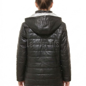 Luxe Winter Women's Genuine Lambskin Leather Longline Coat with Quilted Finish, Removable Hood, Stand Collar, Zip Front Outerwear