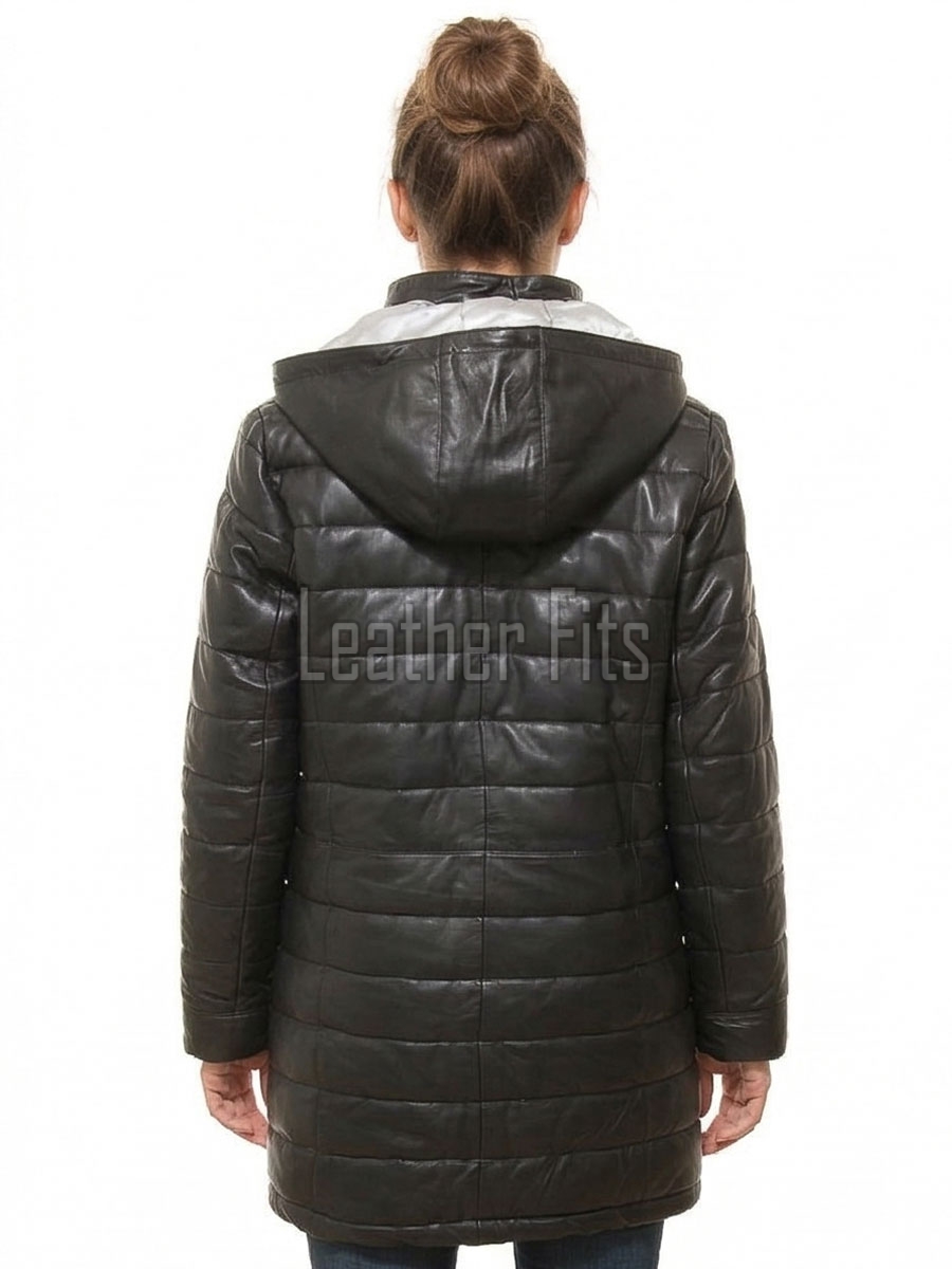 Luxe Winter Women's Genuine Lambskin Leather Longline Coat with Quilted Finish, Removable Hood, Stand Collar, Zip Front Outerwear