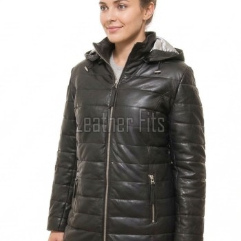 Luxe Winter Women's Genuine Lambskin Leather Longline Coat with Quilted Finish, Removable Hood, Stand Collar, Zip Front Outerwear