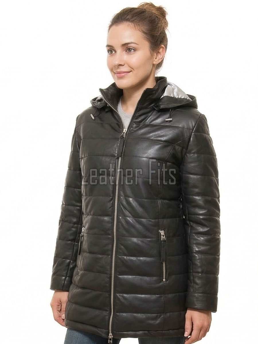 Luxe Winter Women's Genuine Lambskin Leather Longline Coat with Quilted Finish, Removable Hood, Stand Collar, Zip Front Outerwear