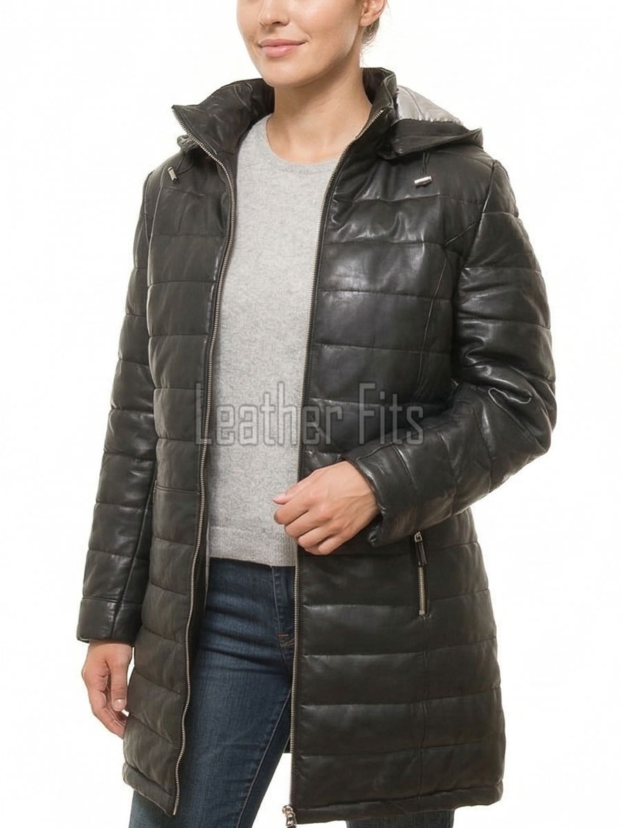 Luxe Winter Women's Genuine Lambskin Leather Longline Coat with Quilted Finish, Removable Hood, Stand Collar, Zip Front Outerwear