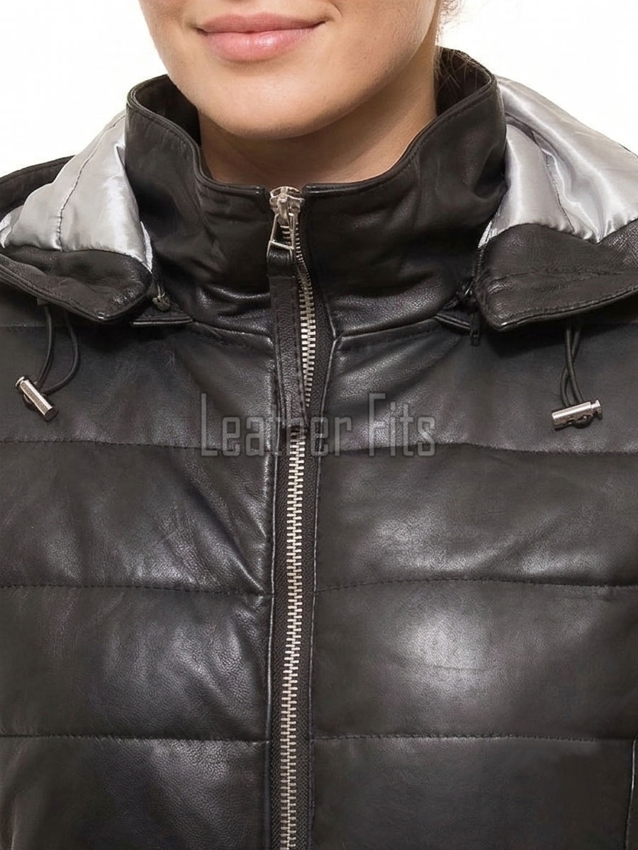 Luxe Winter Women's Genuine Lambskin Leather Longline Coat with Quilted Finish, Removable Hood, Stand Collar, Zip Front Outerwear