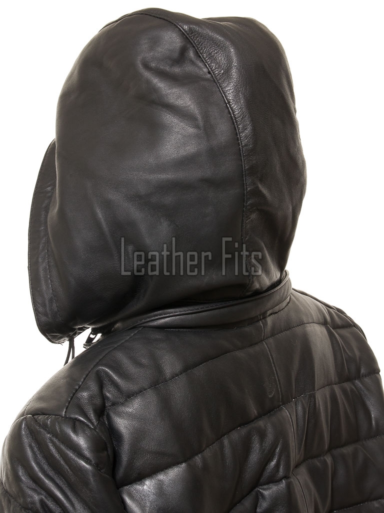 Luxe Winter Women's Genuine Lambskin Leather Longline Coat with Quilted Finish, Removable Hood, Stand Collar, Zip Front Outerwear