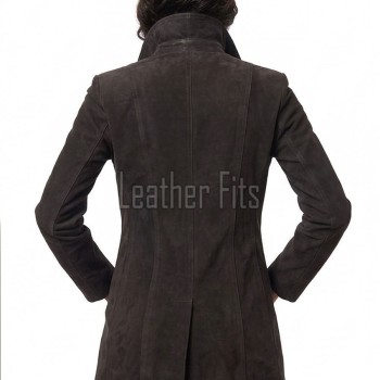 Timeless Elegance Women's Genuine Suede Leather Long Coat with Button Front, Convertible Collar, Tailored Fit and Classic Outerwear