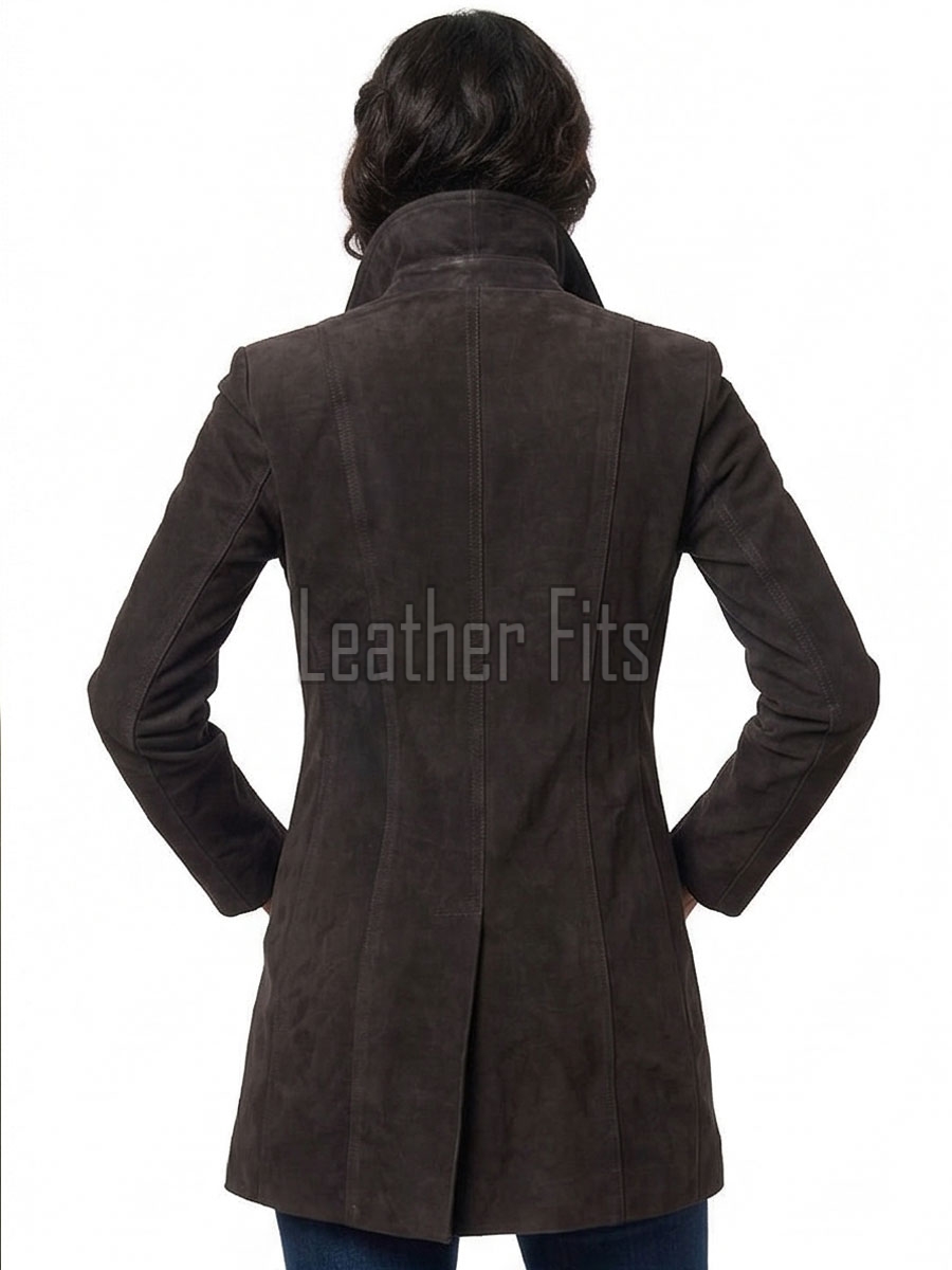 Timeless Elegance Women's Genuine Suede Leather Long Coat with Button Front, Convertible Collar, Tailored Fit and Classic Outerwear