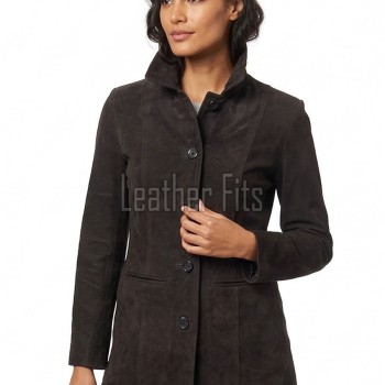 Timeless Elegance Women's Genuine Suede Leather Long Coat with Button Front, Convertible Collar, Tailored Fit and Classic Outerwear