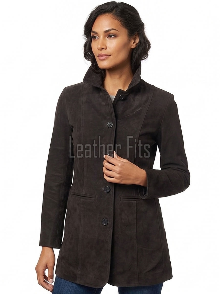 Timeless Elegance Women's Genuine Suede Leather Long Coat with Button Front, Convertible Collar, Tailored Fit and Classic Outerwear