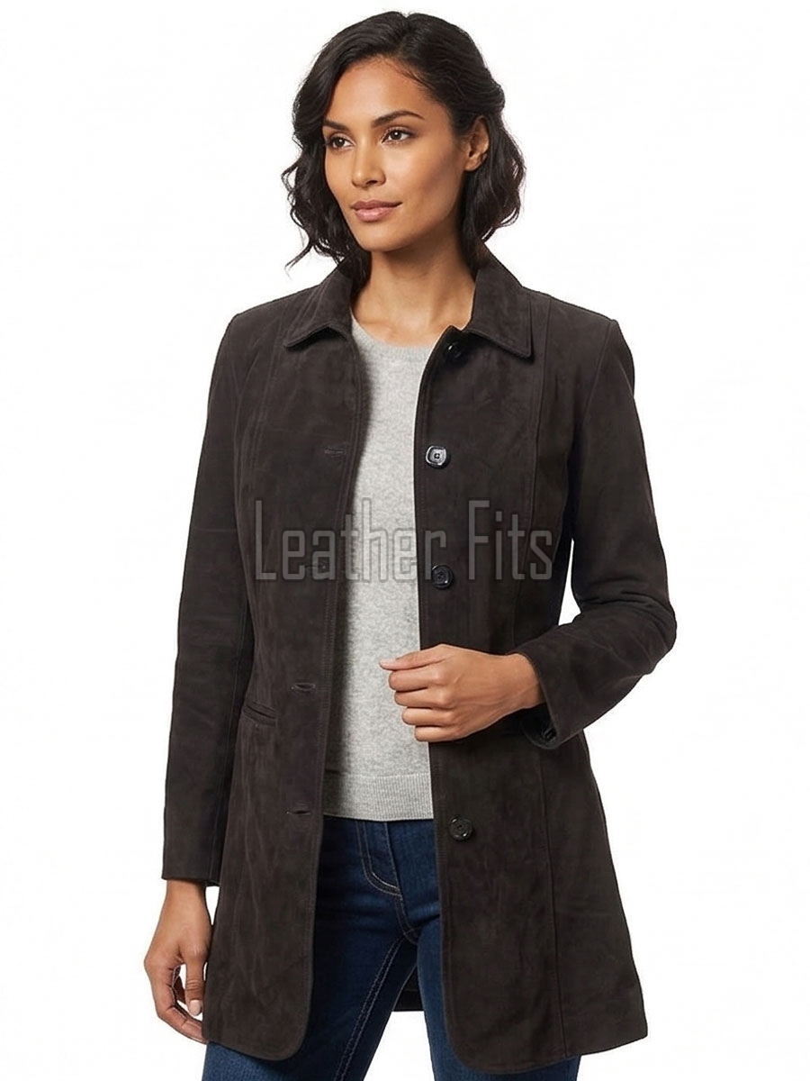 Timeless Elegance Women's Genuine Suede Leather Long Coat with Button Front, Convertible Collar, Tailored Fit and Classic Outerwear